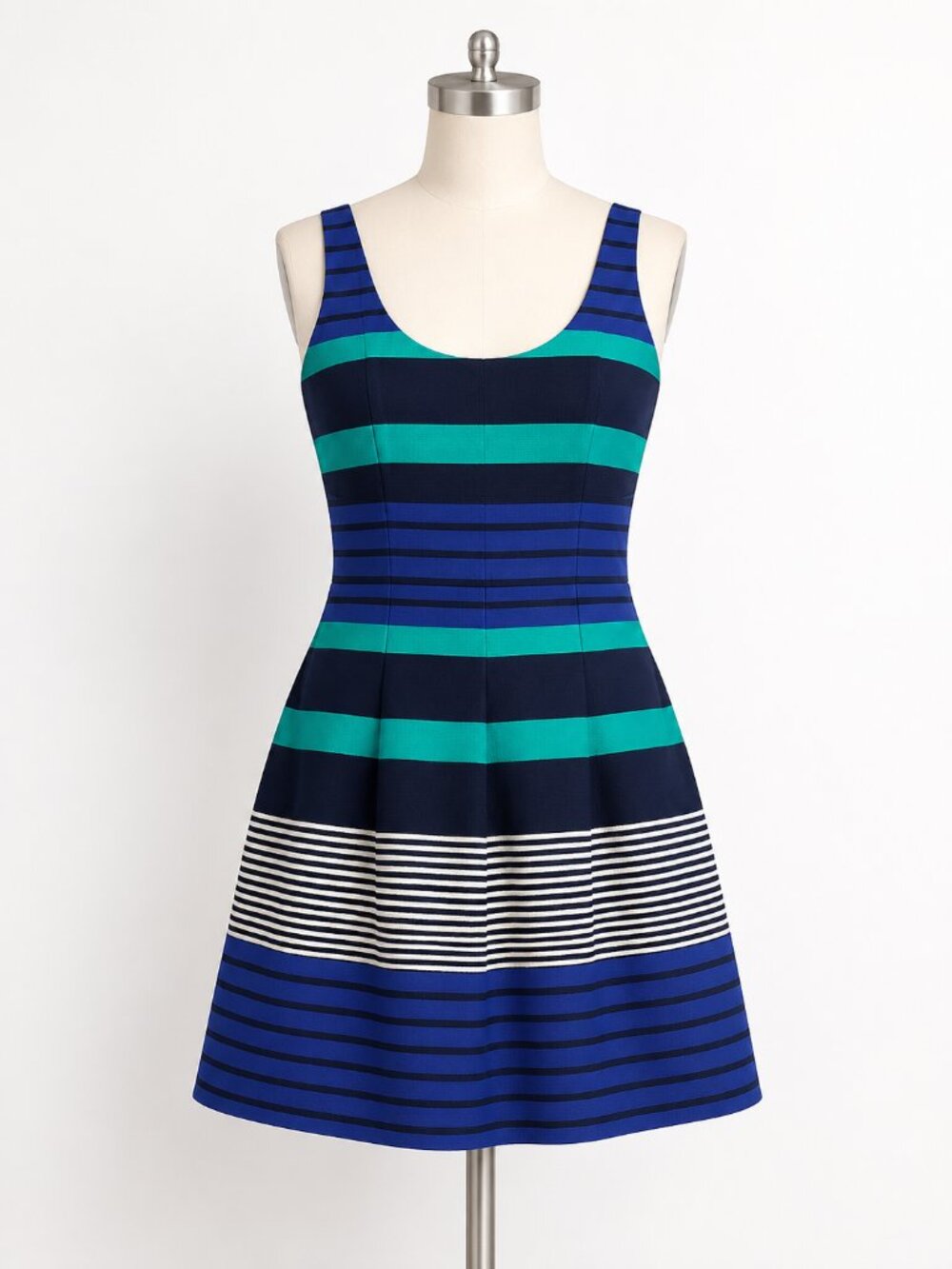 LOFT Blue Green Striped Fit & Flare Dress Size 4 Preppy Classic